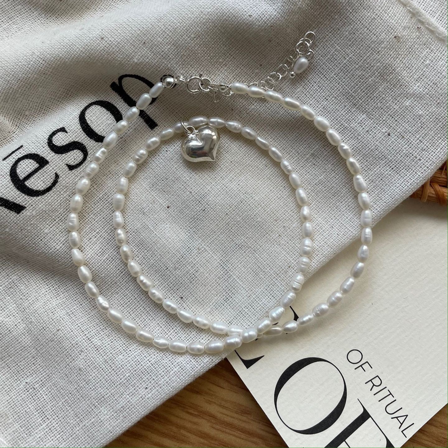 Heart Tiny Rice Pearl Necklace