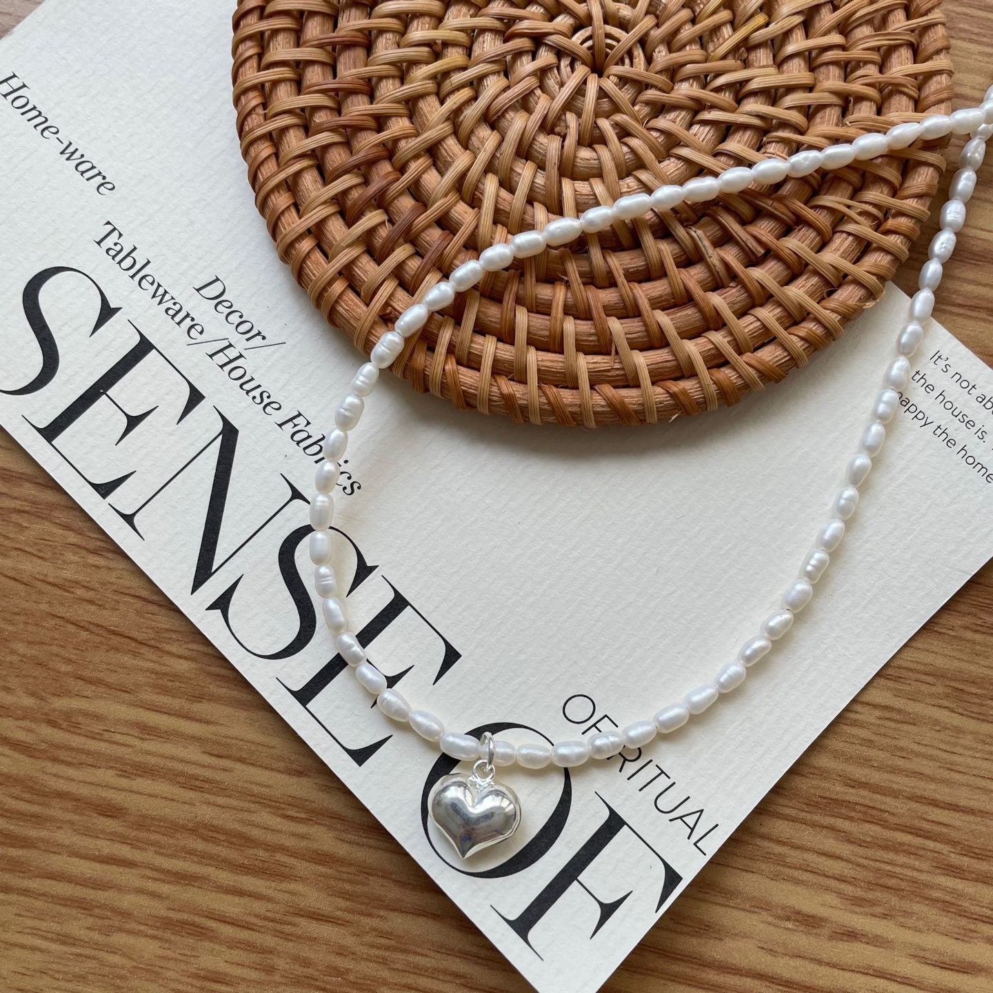 Heart Tiny Rice Pearl Necklace