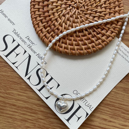 Heart Tiny Rice Pearl Necklace